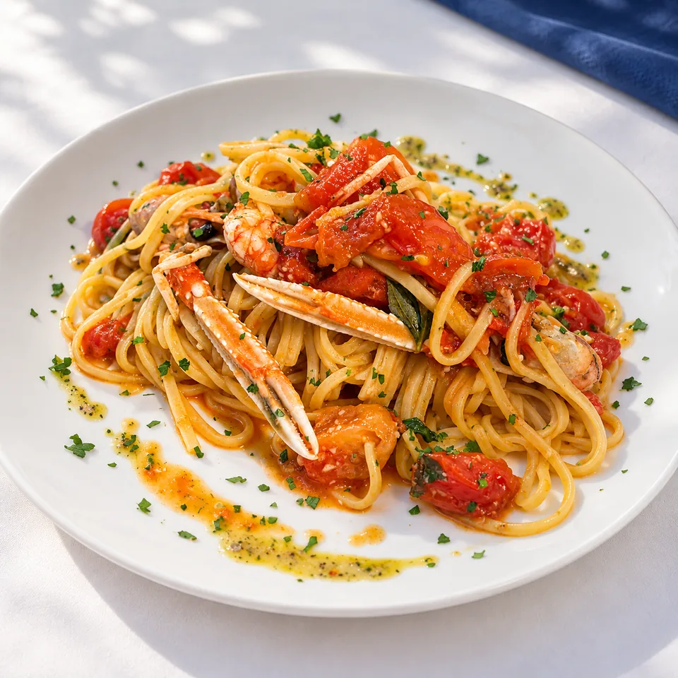 Linguine di mare con crostacei e pomodorini, immagine rielaborata dalla foto del locale
